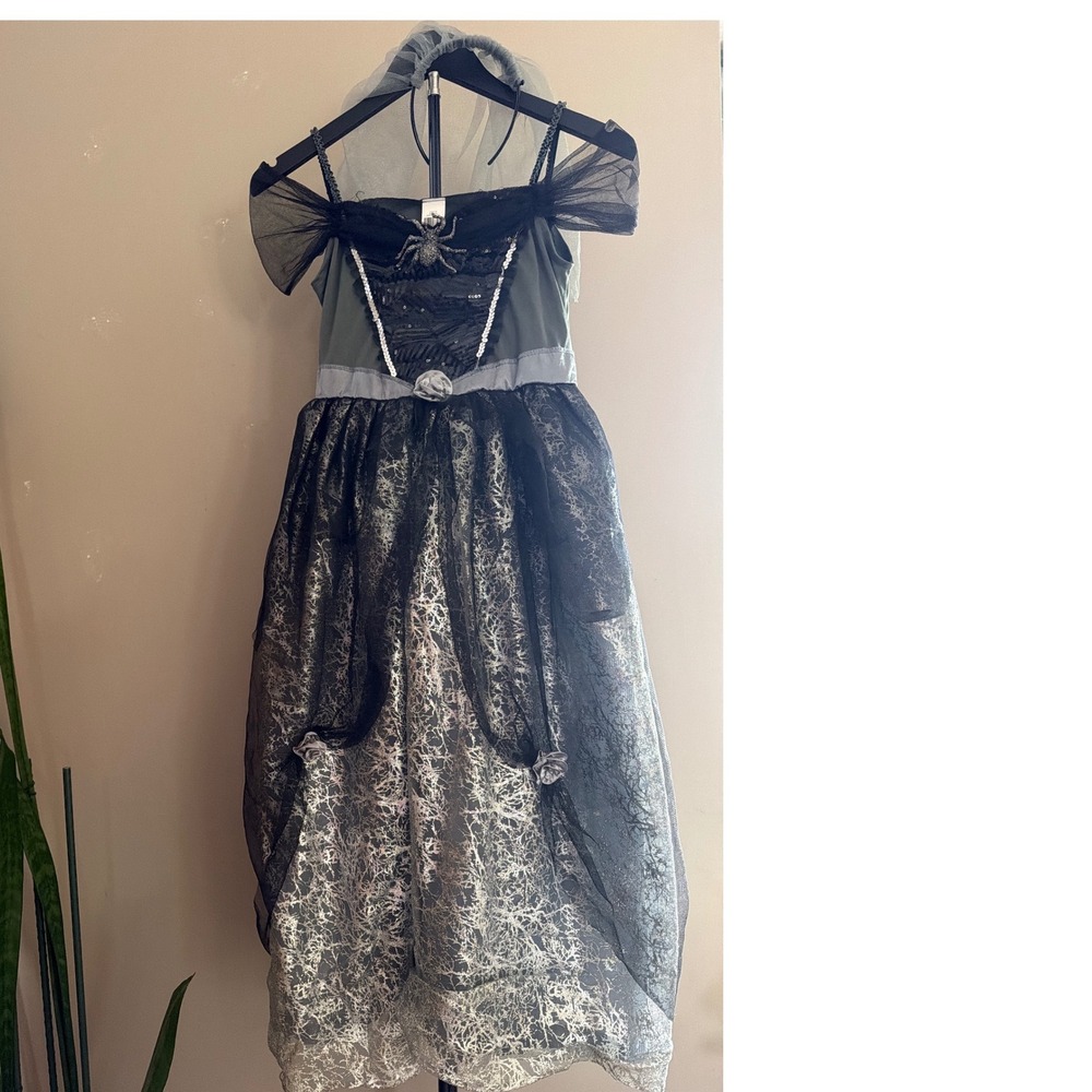 Kids Spider Queen Halloween Costume Dress with Veil Grey Black Sequin Size 8-10